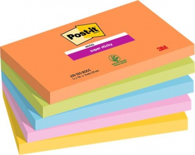 Samolepiaci bloček, 76x127 mm, 5x90 listov, 3M POSTIT "Super Sticky Boots", mix farieb